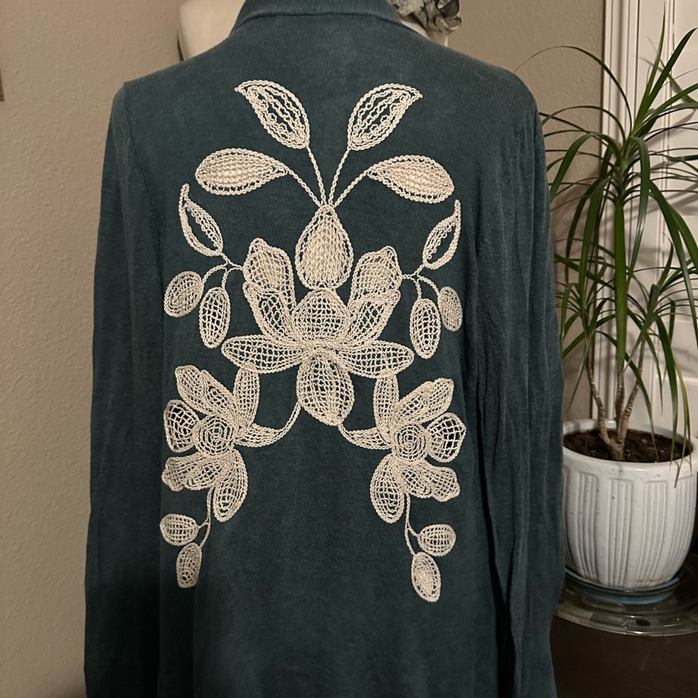 Anthropologie knitted & knotted Teal Cardigan with  Floral Embroidery medium